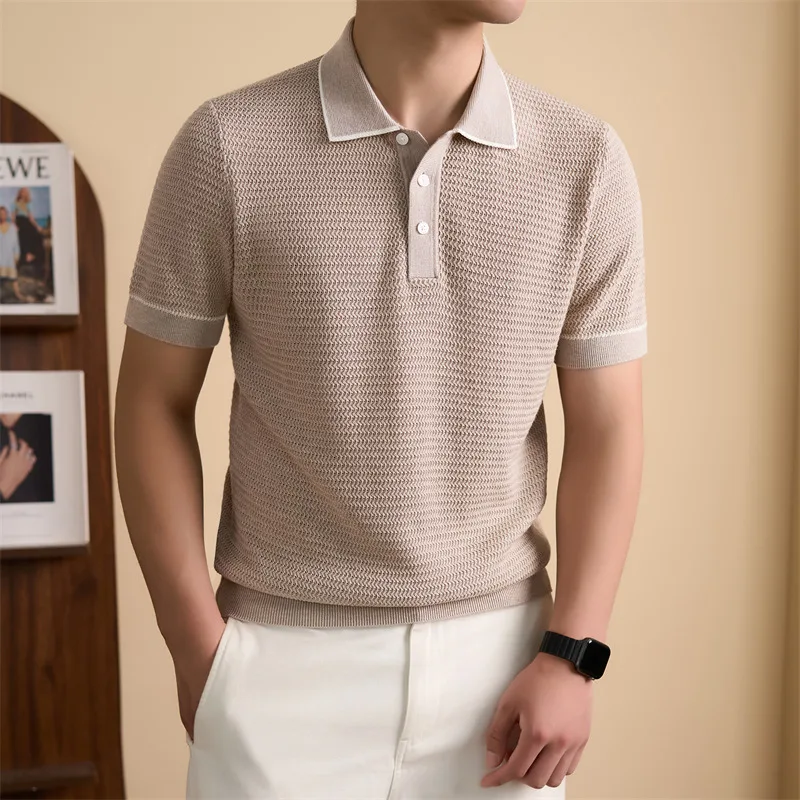 High Luxury Wool Knit Polo for Men 2026 Autumn Classic Breathable Knitwear Short Sleeve Linen Knitting Tops Pullover t-shirts