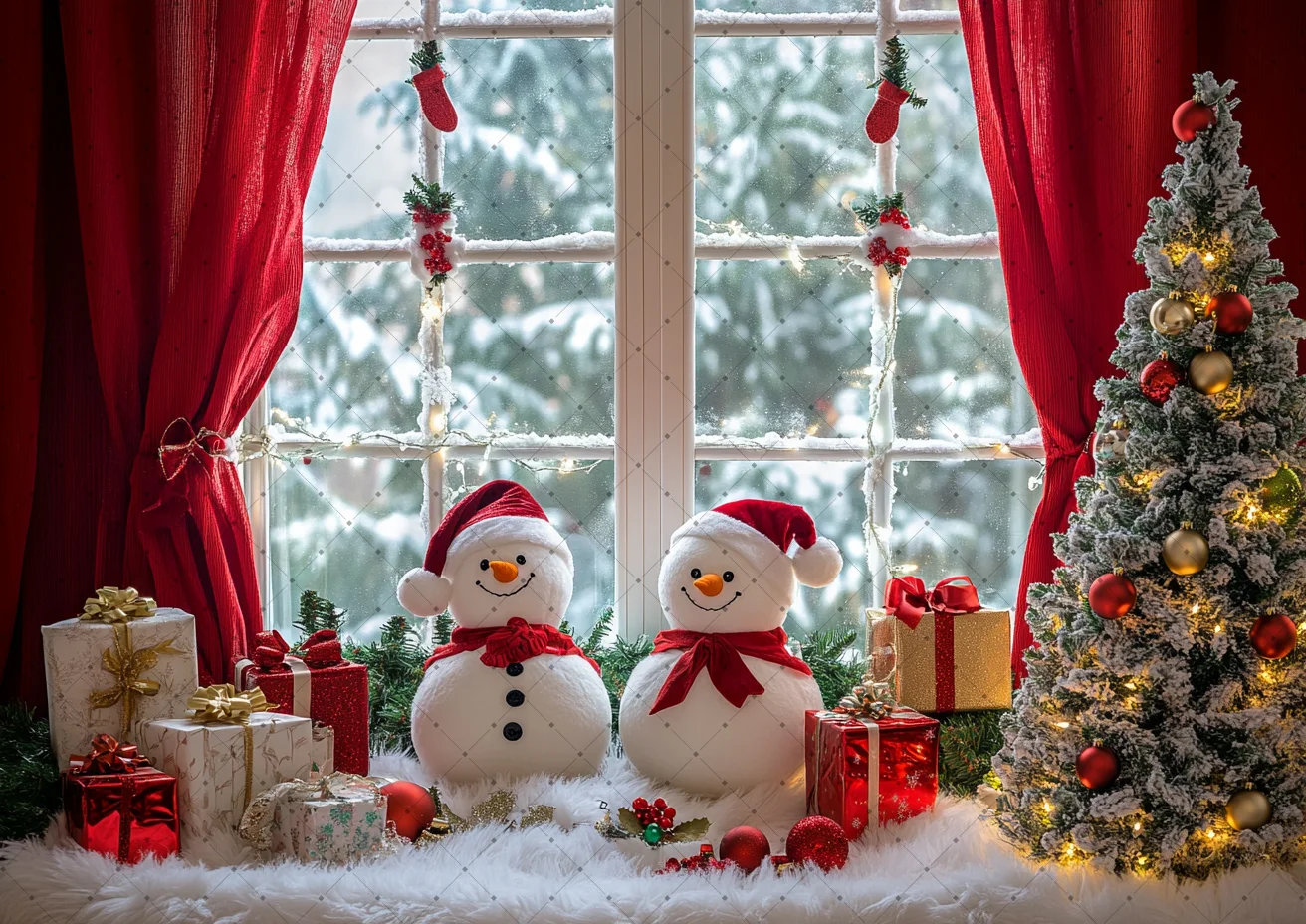 Cozy Snow Scene Christmas Backdrop Red Curtain Snowman Pine Garland Gift Tree Indoor Family Newborn Photo Fabric Decor Prop