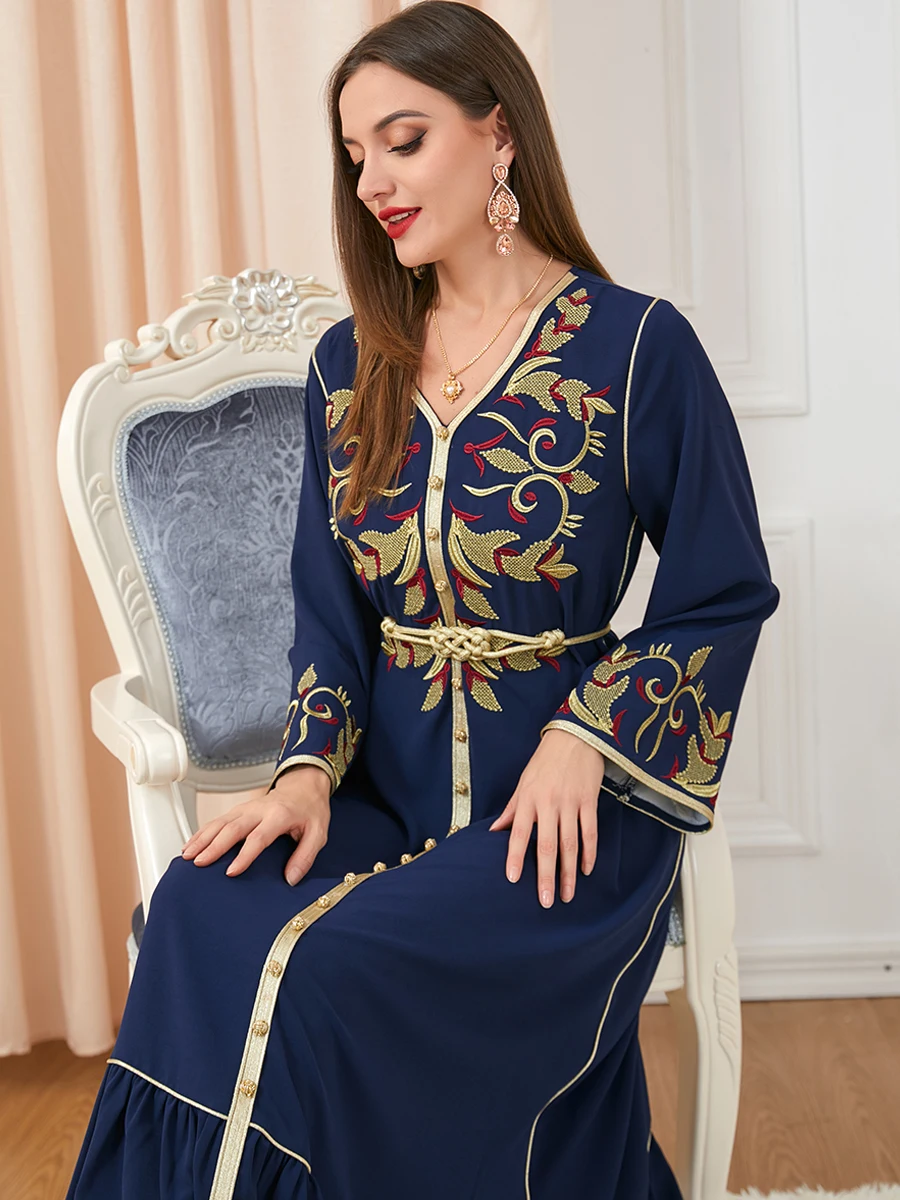 Ramadan Morocco Dress Women Muslim Abaya Fashion Dubai Abayas Embroidery Belted Kaftan Elegant Party Dresses Vestidos Spring