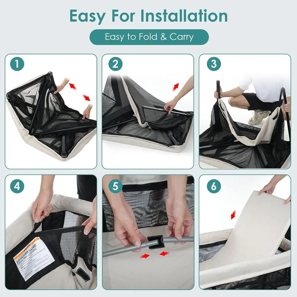 2-in-1 Portable Baby Playpen with Bassinet, Lightweight Foldable Playard for Travel, Creamy Mesh & Zipper Door Playard