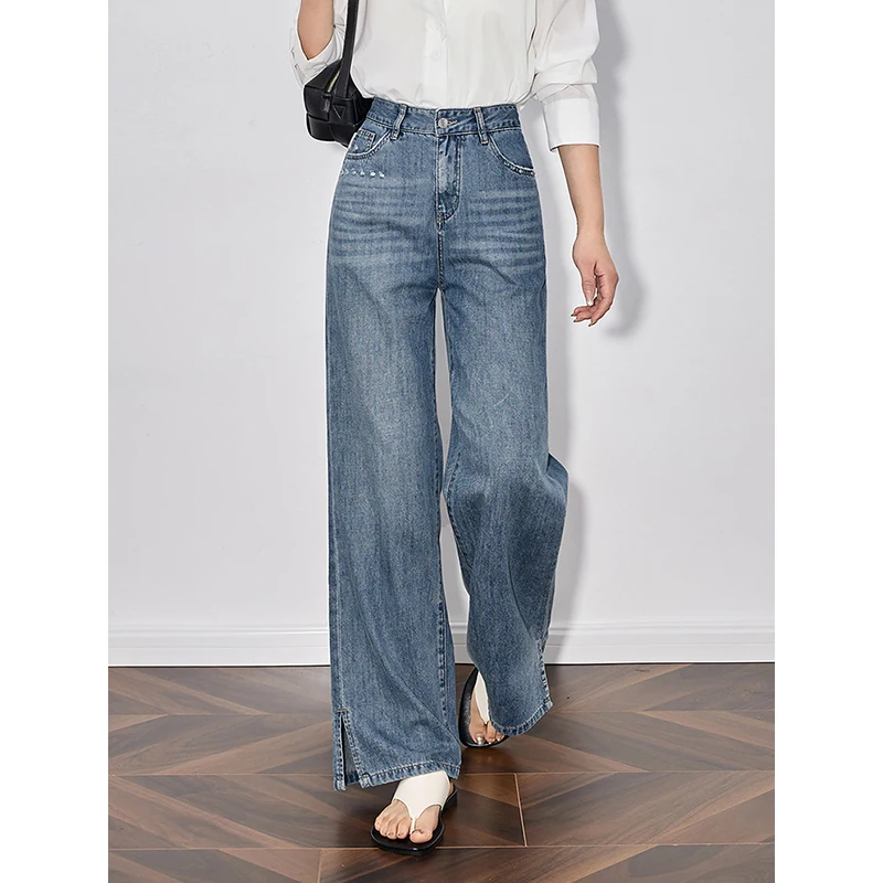 TOYOUTH Women Denim Jeans 2025 Spring New Handmade Cut Washed Straight Wide Leg Long Pants Light Blue