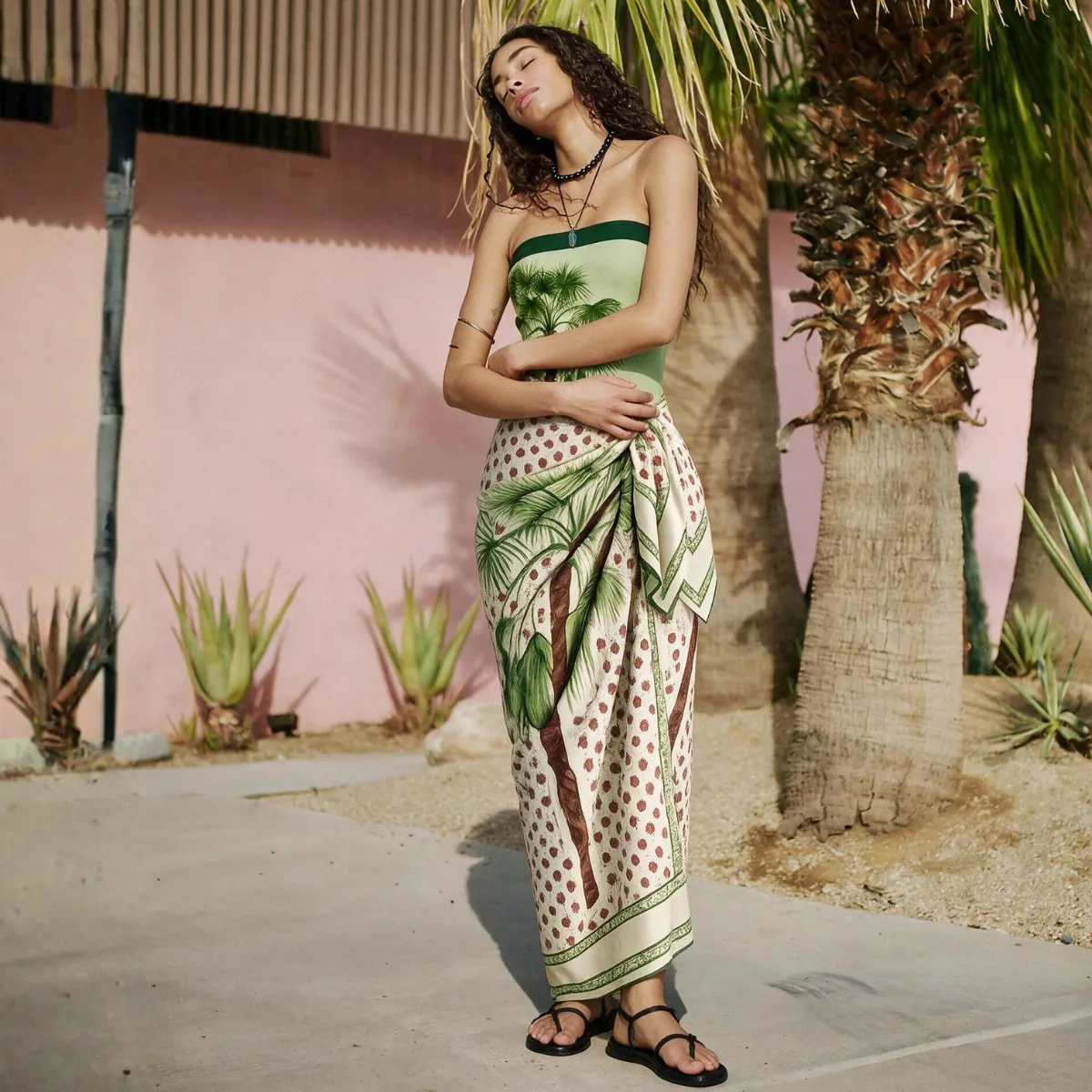 2 Piece Strapless One Piece Swimsuit Set Palm Tree Print Bathing Suit & Tropical Wrap Sarong Skirt Beach Swimwear Brazil Summer