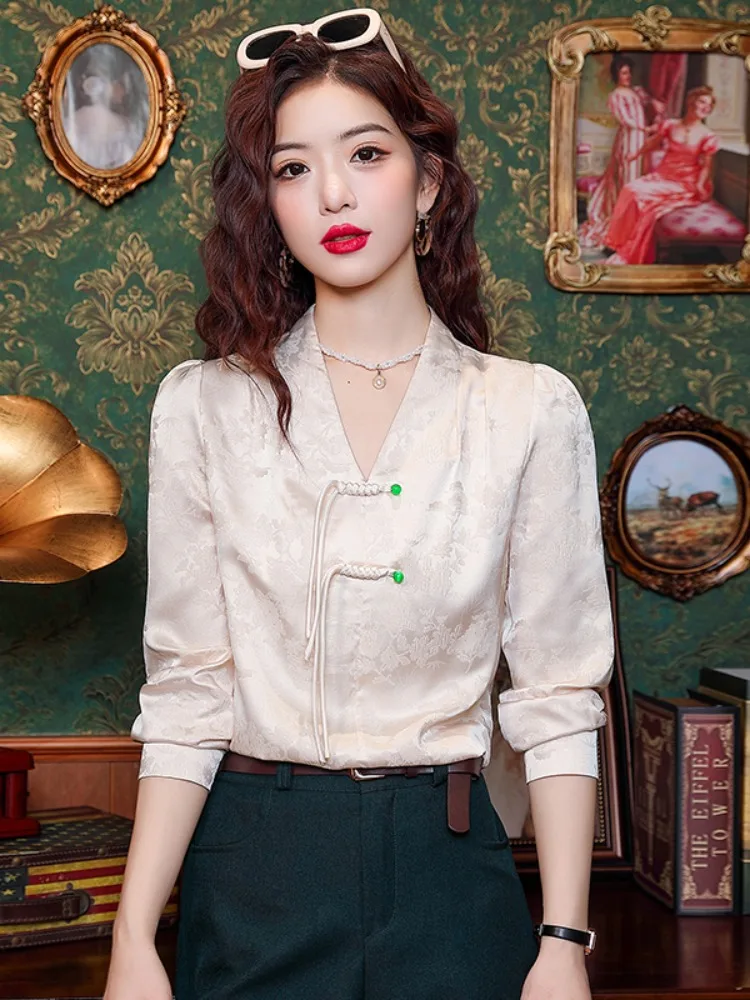 

New Chinese Sle Long Sve Button up irt V Ne Women's Spring Faion Retro Loose Fit Top Design Sense Small irt