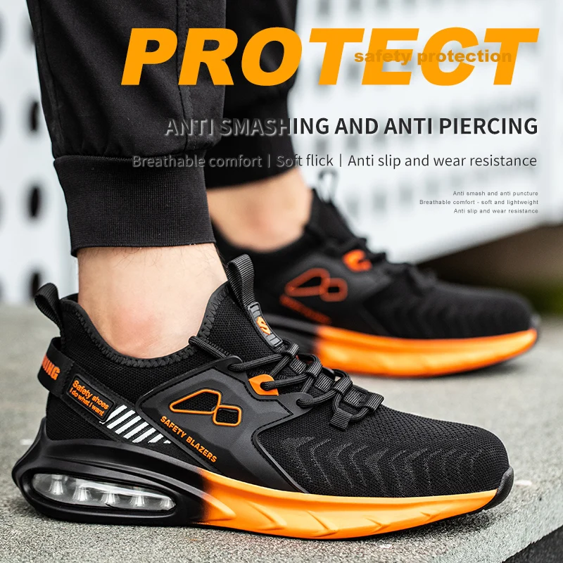 Neue orange Luftkissen Herren Arbeits schuhe Stahl zehe Sportschuhe unzerstörbare Sicherheits schuhe Herren Anti-Pannen-Industries chuhe