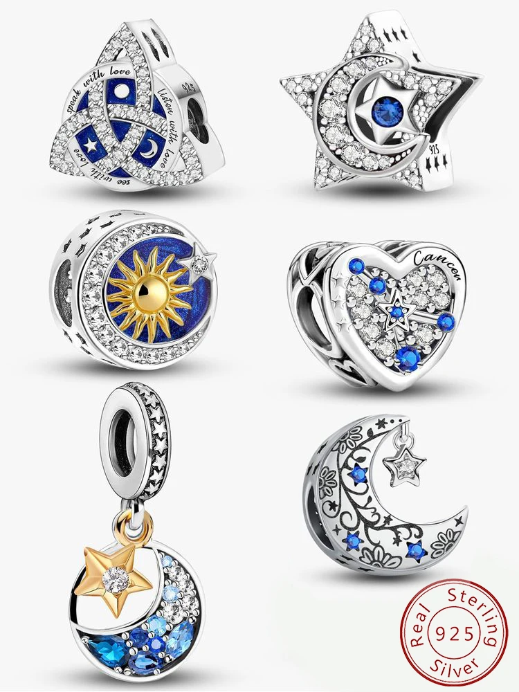 

925 Sterling Silver Classic Star Moon Blue Series Charms Beads Fit Original Pan Bracelet Bangle High Quality DIY Jewelry