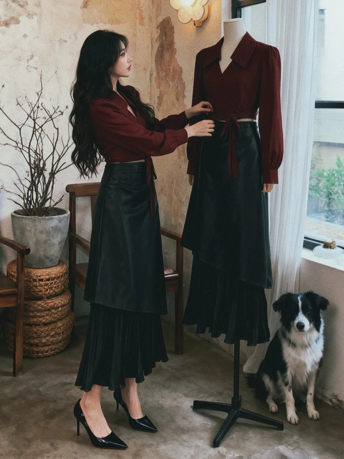 

Autumn Winter plus Size Women's irt PU Leather Skirt Set Waist Cinched Vintage Sle ort Sve V Ne Two Piece Outfit