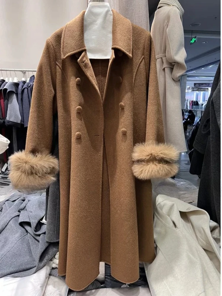 Women's Glamorous Winter Fur Wool Blend Longline Coat Premium Fabric Collar Heavyweight Soft Texture Outerwear for Daily Wear