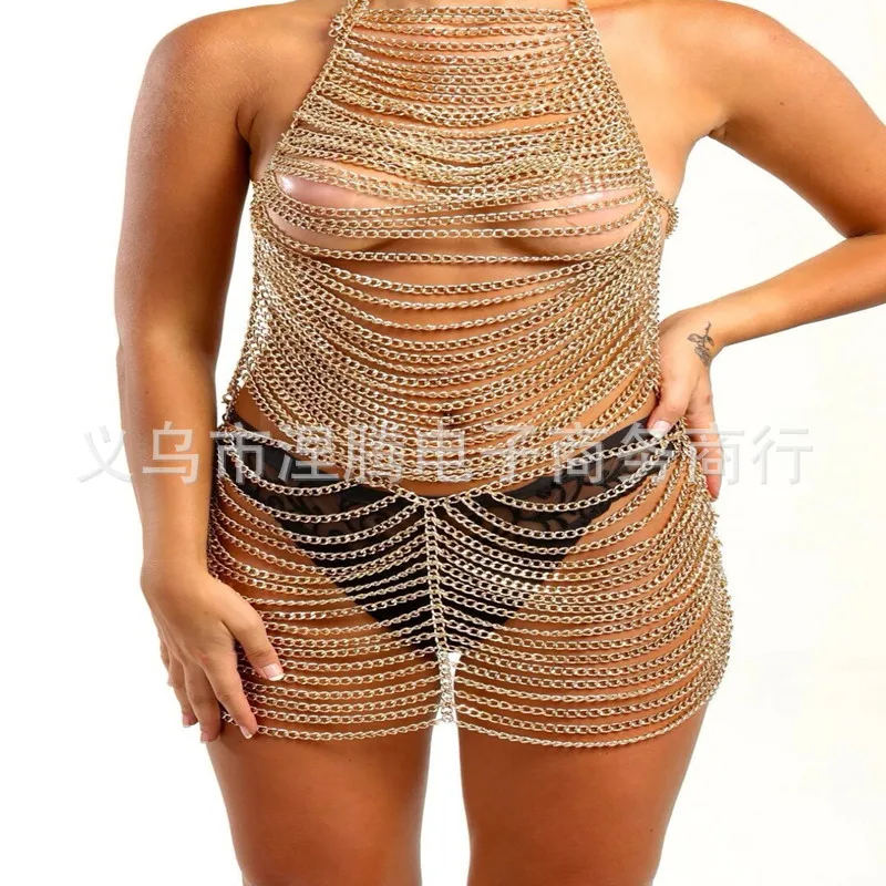 

Sexy fun metal necklace waist chain, European and American fashion body chain split set, gol metallic black.