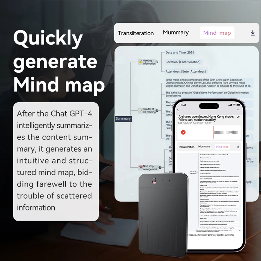 AI مسجل صوت APP التحكم مسجل الصوت الصوتي الإملاء نقل ملخص جهاز ترجمة اللغة للاجتماعات/المكالمات