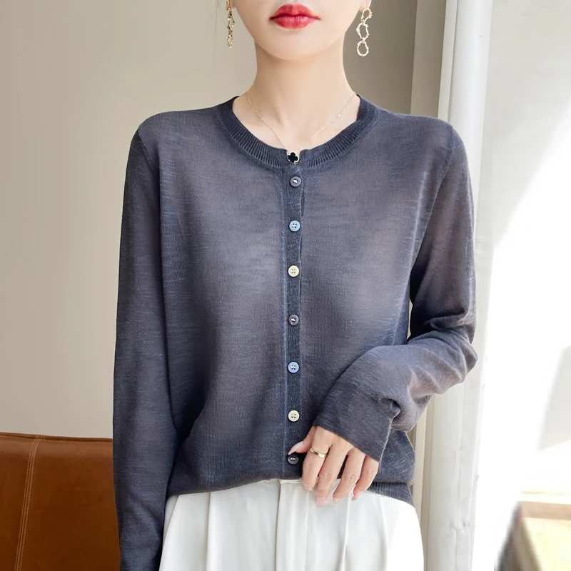 2024 Spring/Summer Thin Knitted Cardigan Women\'s Round Neck Fashion Top Loose And Breathable Long Sleeved High End Clothing