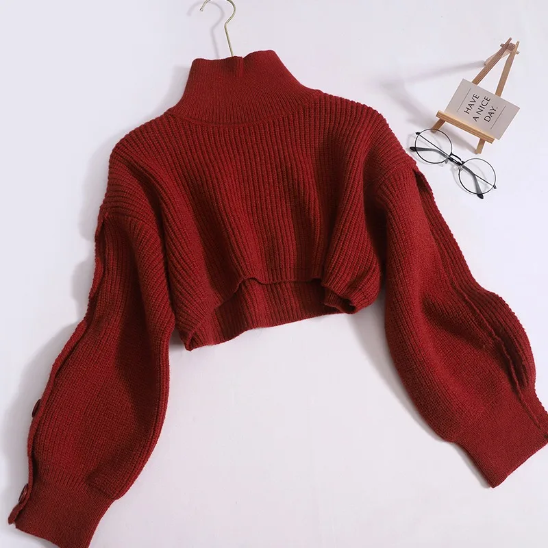 YuooMuoo Chic Fashion Cropped Sweater Tops Women Buttons Long Sleeve Ribbed Knitted Sweaters Warm Turtleneck Pullover Shawls