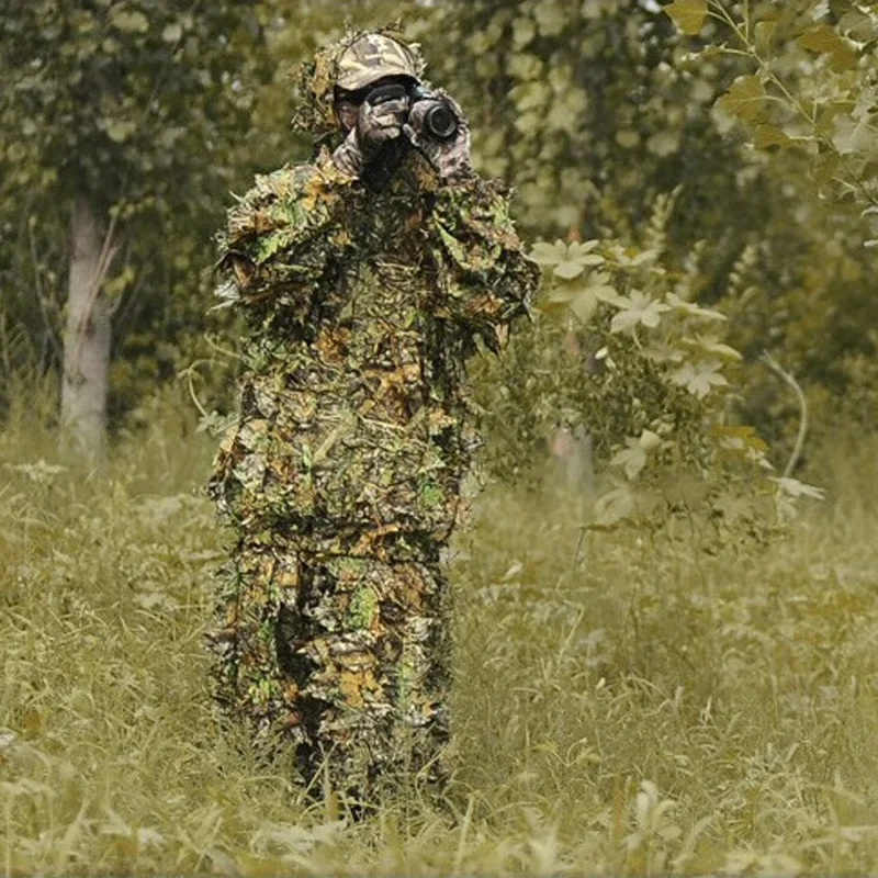 3D kamuflaż myśliwski Ghillie z czapką garnitur ubrania peleryna dżungla Poncho Camo bioniczny liść do sprzętu do akcesoria fotograficzne