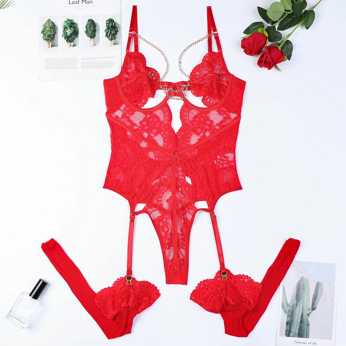 Red Lace Bodysuit Deep V Backless Teddy Chain Detail Open Cup Harness Garter Belt Stockings Set Valentines Lingerie Women