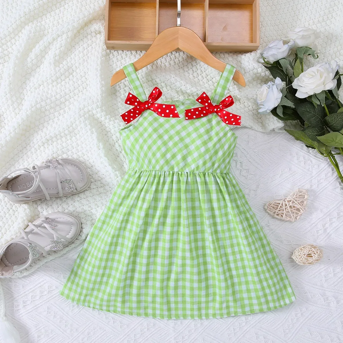 Summer Fresh Green Plaid Strap Dress Girls Sweet Butterfly Knot Princess Dress Children's Clothing Kids' Dresses