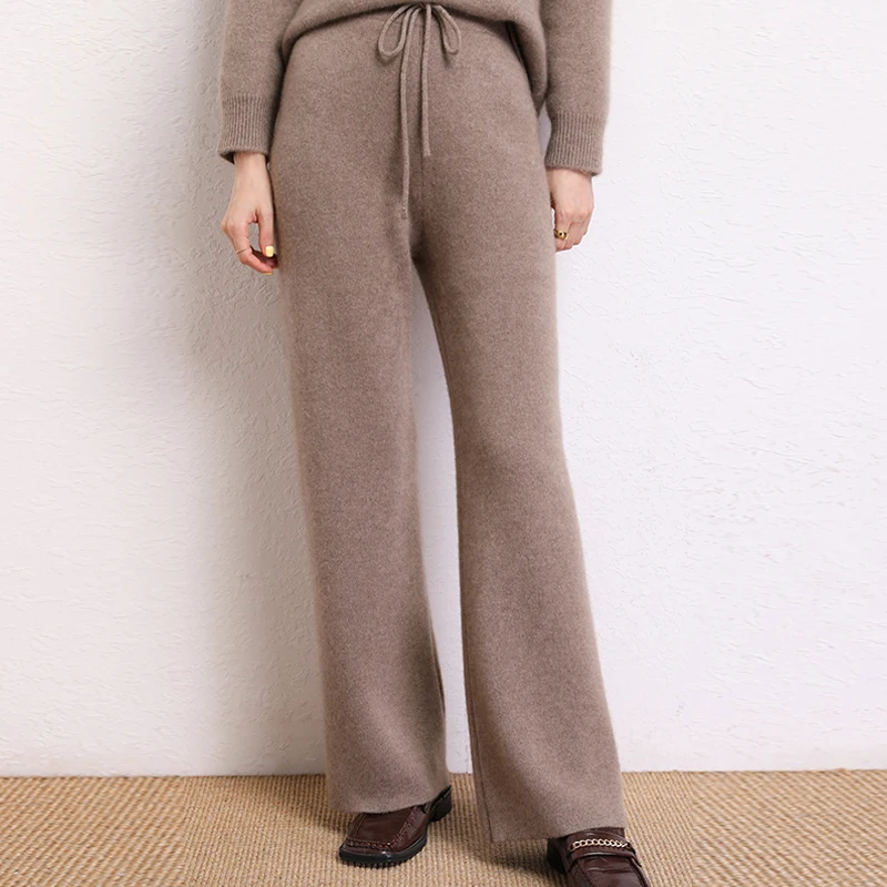 2024 Winter 100% Cashmere Pants Women Wide Leg Pants Knitting Pants  Autumn Soft Warm Trousers For Female