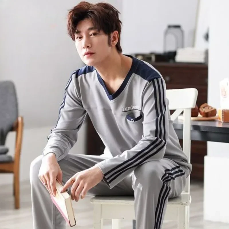 Spring Autumn Long Sleeves Plus Size Loose Loungewear Casual Set All-season Wear Can Worn Outside Double-sided Cotton Men Pajama