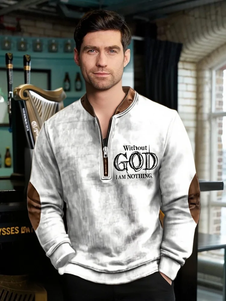 

Men's Sweatshirt Vintage Faith Without God I Am Nothing Printed Zip Collar Pullover 2025 Fashion New Autumn Tops Y2k Harajuku