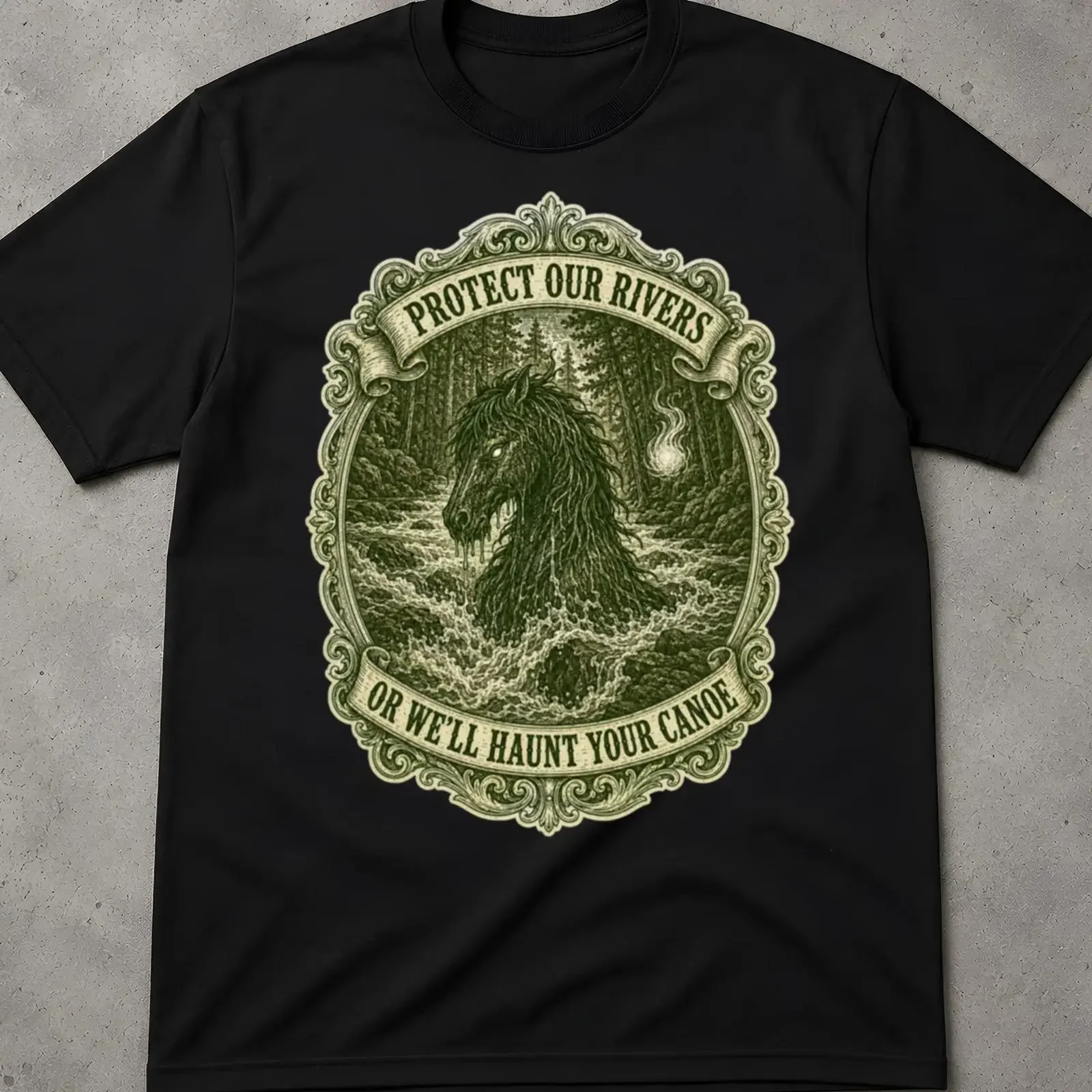Protect Our Rivers Kelpie Water Horse Cryptid T shirt Canoe Kayak Folklore River Monster Paddling Humor Legend vintage Washed