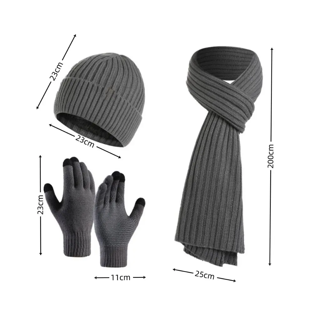 New Winter Keep Warm Set Fleece Lining Knitted Beanie Gloves Scarf Solid Color Thicken Unisex Hat Neckerchief for Men Women