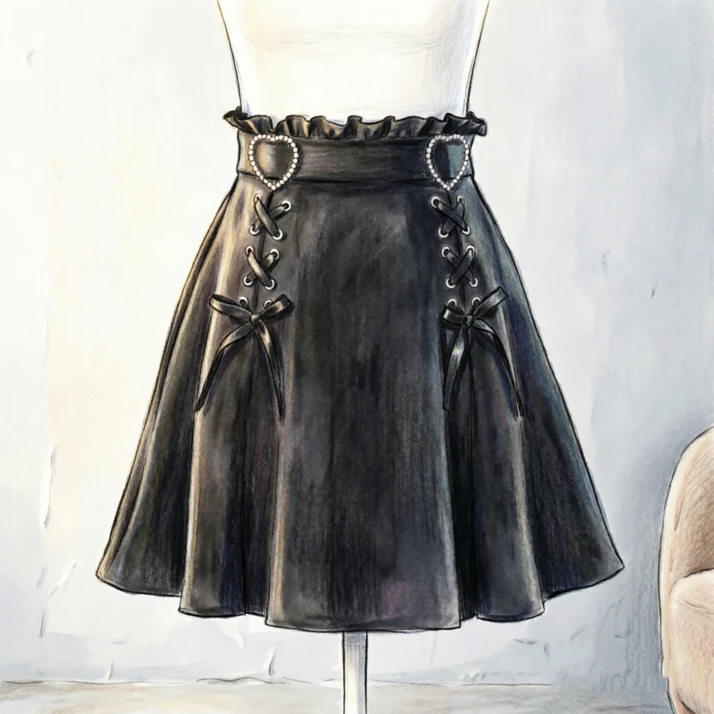 Black High Waist A Line Skirt Women Heart Lace Up Bowknot Ruffle Hem Mini Skirt Gothic Lolita Party Dress Clothes Fashion Summer