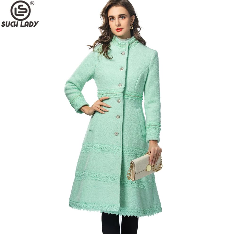 Women's Coat Stand Collar Long Sleeves Lace Piping Elegant Fashion Outerwear Trench