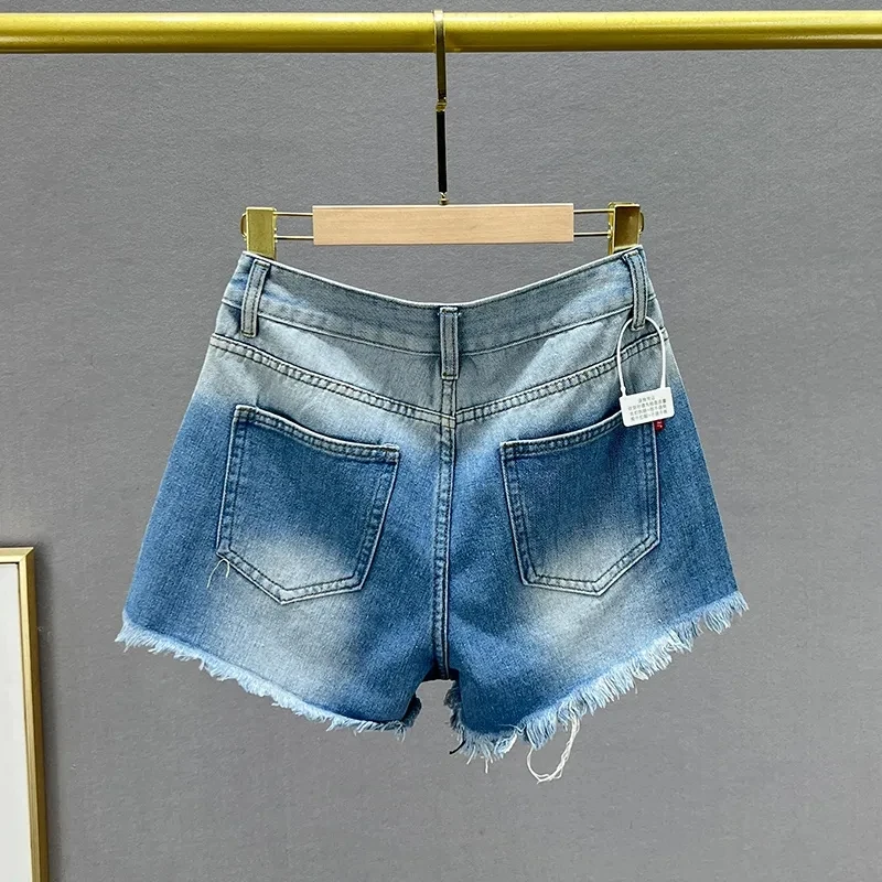 กางเกงยีนส์กางเกงขาสั้นผู้หญิงStreetwear 2025 ฤดูร้อนใหม่เอวสูงอุตสาหกรรมหนักHot stamping Holeกางเกงขากว้างกางเกงหญิง