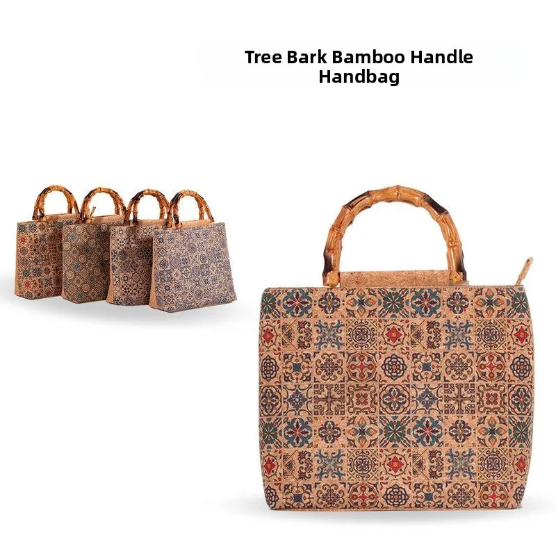 Vintage Print Bamboo Node Cork Skin Handbag Women's Large Capacity Tote Bag American Retro Style Soft Leather Handbag