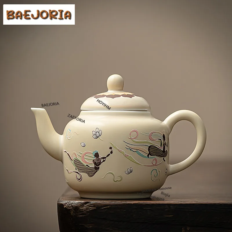 BAEJORIA 130ml Dunhuang Apsaras Cultural Teapot Luxury White Porcelain Pot Tea Maker Kettle With Strainer Teaset Decoration Gift
