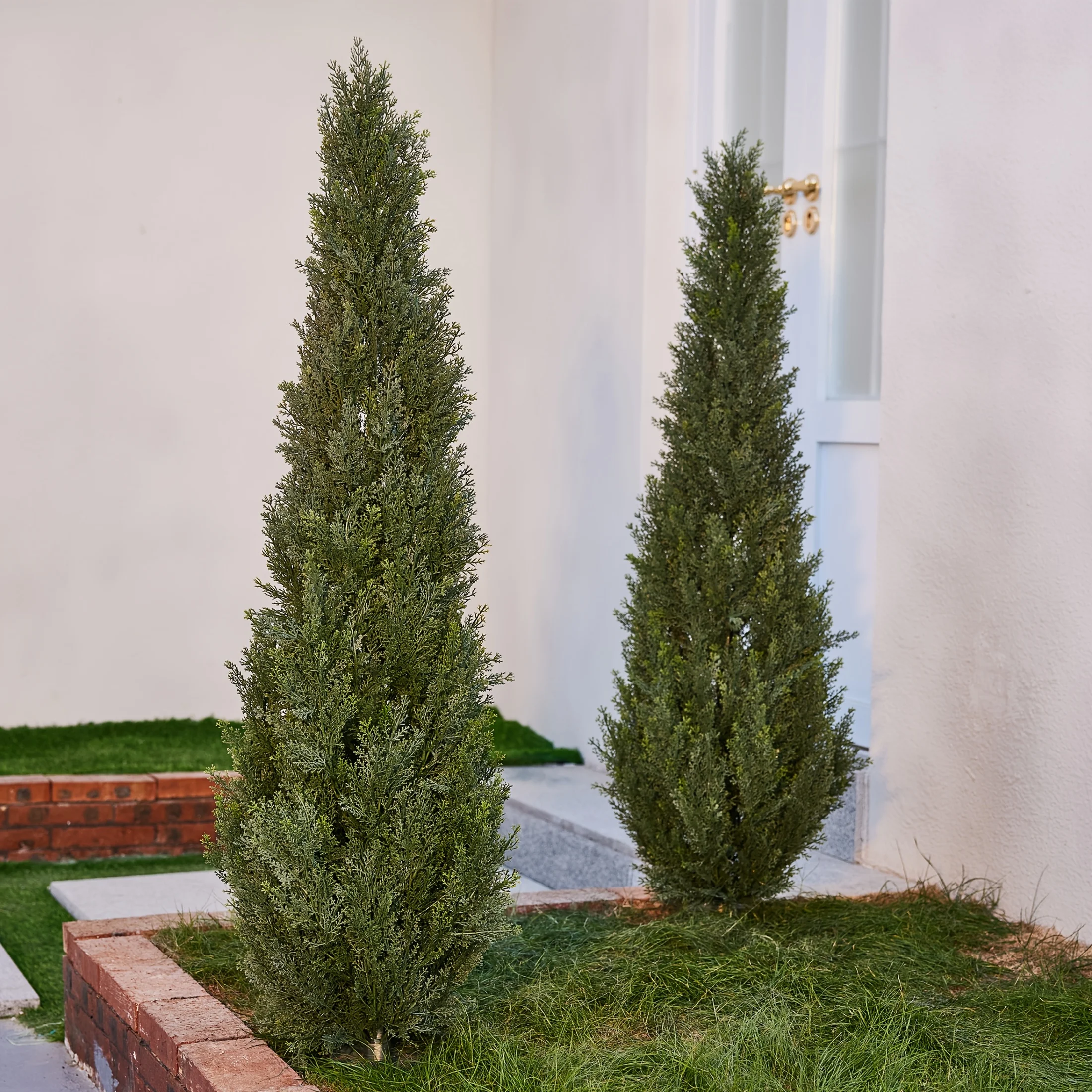 

1/2 Pack UV-Resistant Artificial Cedar/Cypress Trees Suitable for Urn Filler, Outdoor Fake Evergreen Bushes with Stake & Ground