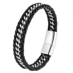 Punk Rock Stainless Steel Cuban Link Chain Woven Genuine Leather Bracelet Men's Jewelry Gift
