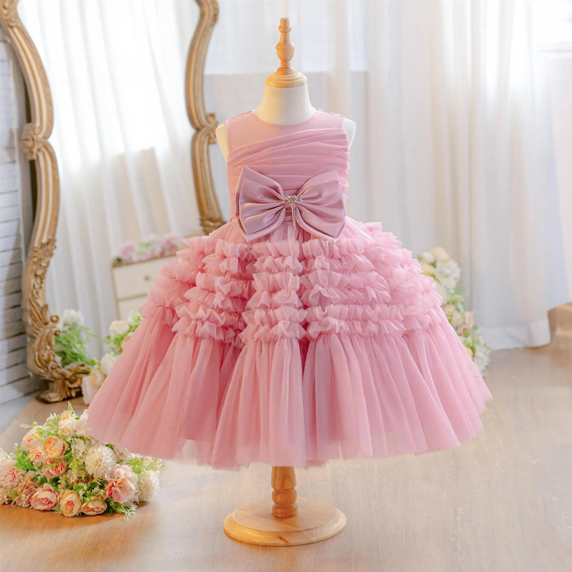 HETISO Kids' Elegant Dresses Summer Tulle Girls Ceremony Birthday Wedding Party Prom Ball Gown 2-7 Years