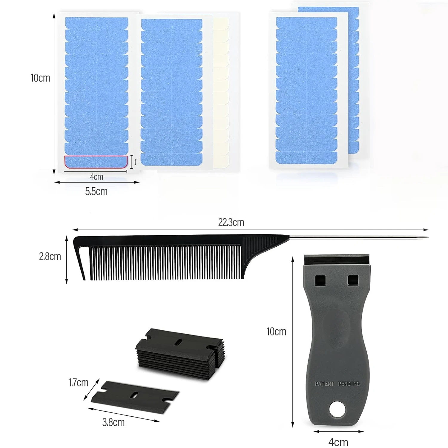 Hair Extension Tape&Comb&Glue Remover Scraper, 5Sheets Double Sided Side Replacement Tape Adhesive Hair Extensions Styling Tools