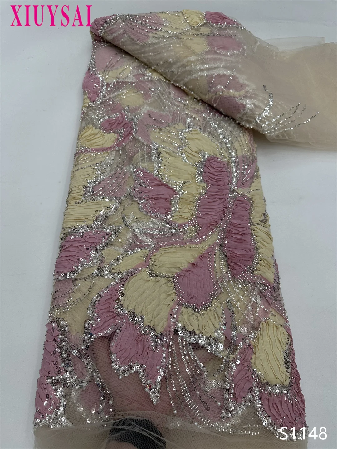 

High Quality African Lace Fabric 5 Yards Luxury Beaded Dubai Pink for Elegant Party Dresses