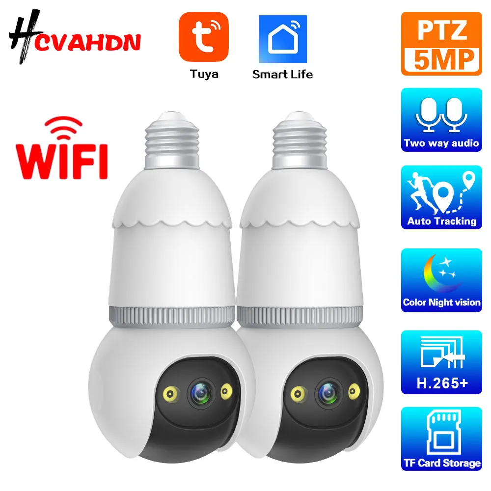 Tuya 5MP WiFi PTZ Light Bulb Security Camera Indoor Home Smart Life Wireless Color Night Vision CCTV Video Surveillance Camera