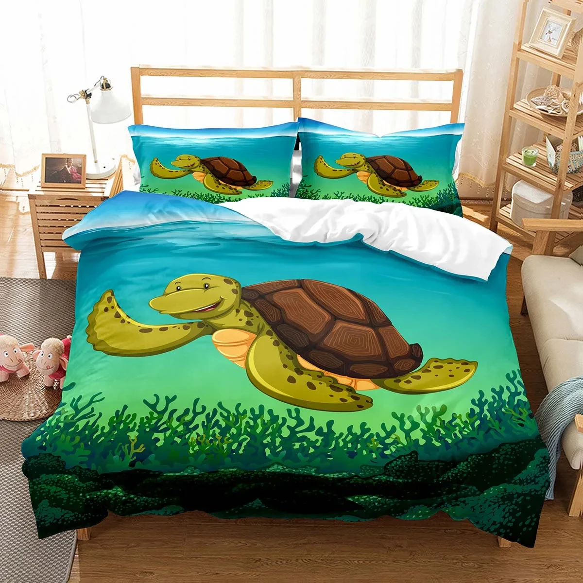 Cartoon Sea Turtle Full Queen Duvet Cover Lovely Tortoise Bedding Set Kids Ocean Animal Quilt Cover Polyester Comforter Cover