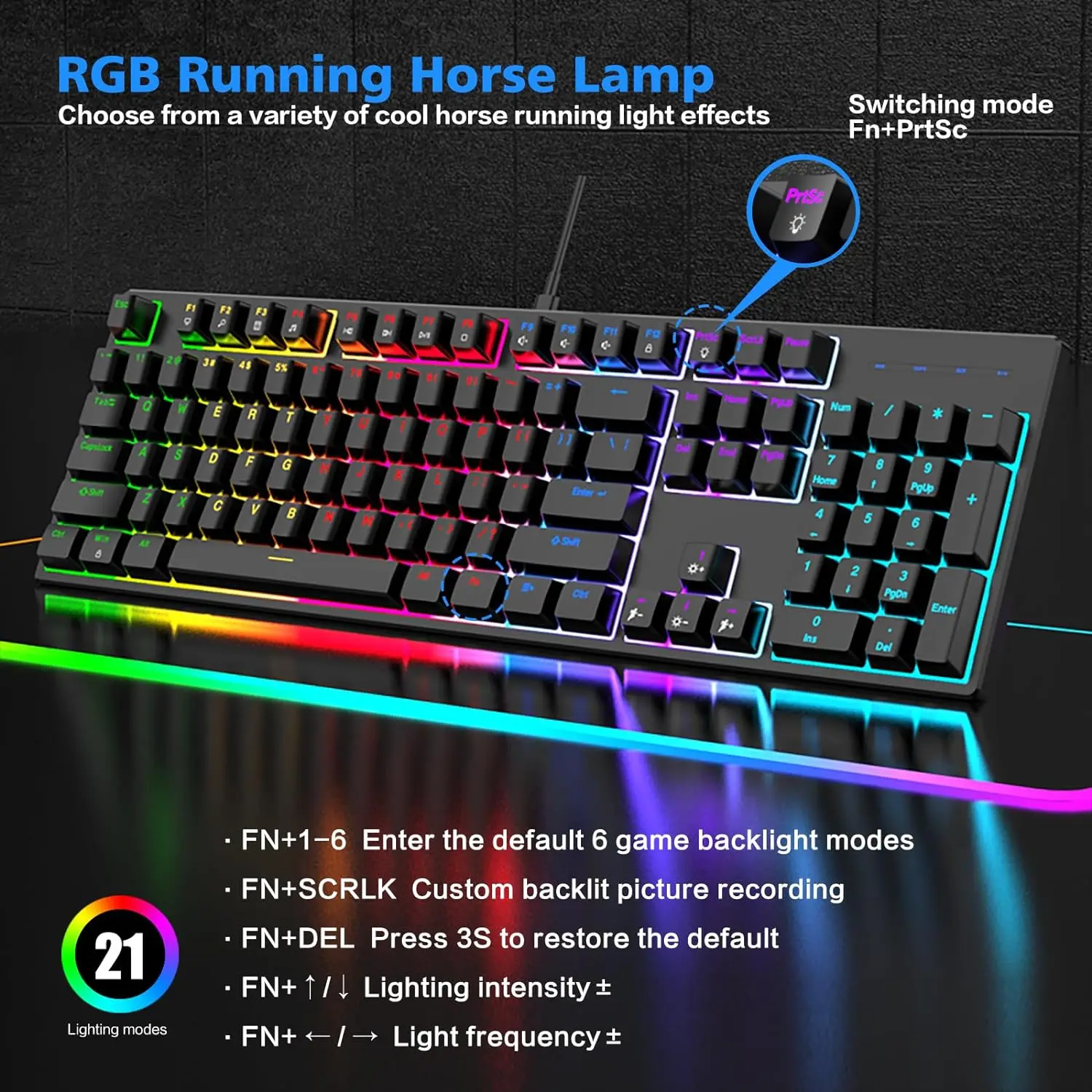 Gaming Mechanical Keyboard, Type-c Wired Keyboard/Blue Switch, Durable Abs Keycaps/104-Key/21 RGB Modes, LED Backlit