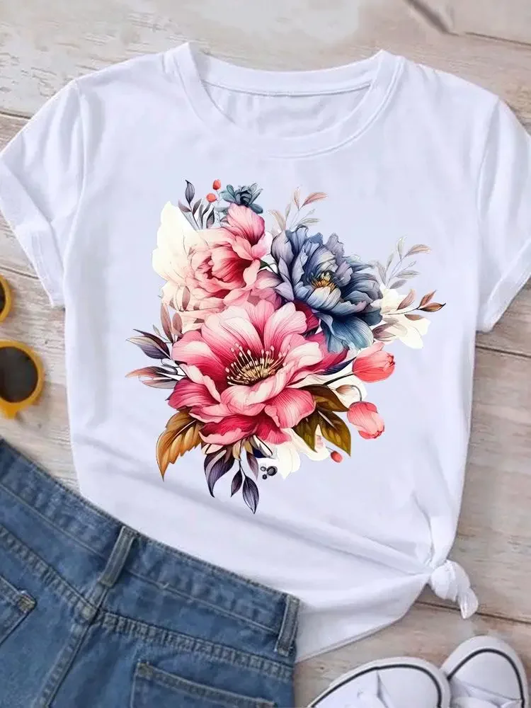

Flower Watercolor Trend Women Ladies Casual Top Female Clothing Print White T Shirt Short Sleeve Tee Fashion Graphic T-Shirt