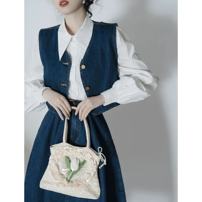 

Изящный женский стиль Englad, весенне-осенний джинсовый жилет, юбки, рубашки, комплект из трех предметов, женская новая белая блузка, майки, джинсовые костюмы