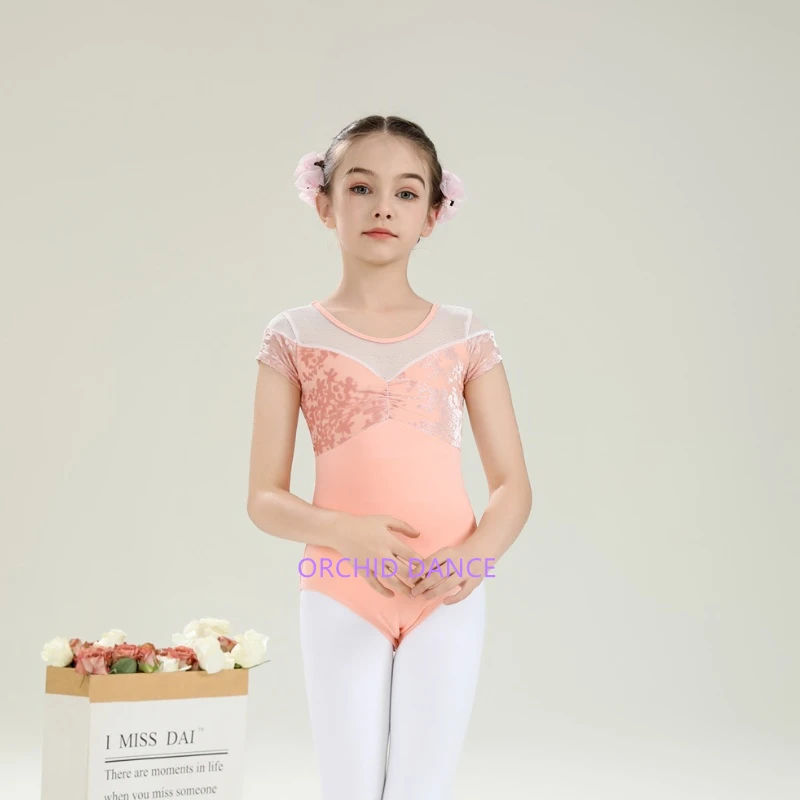 New Coming Fashion Cute Design Kids Girls Children Cotton Spandex Dance Wear Mesh Velvet Short Sleeve Ballet Leotard