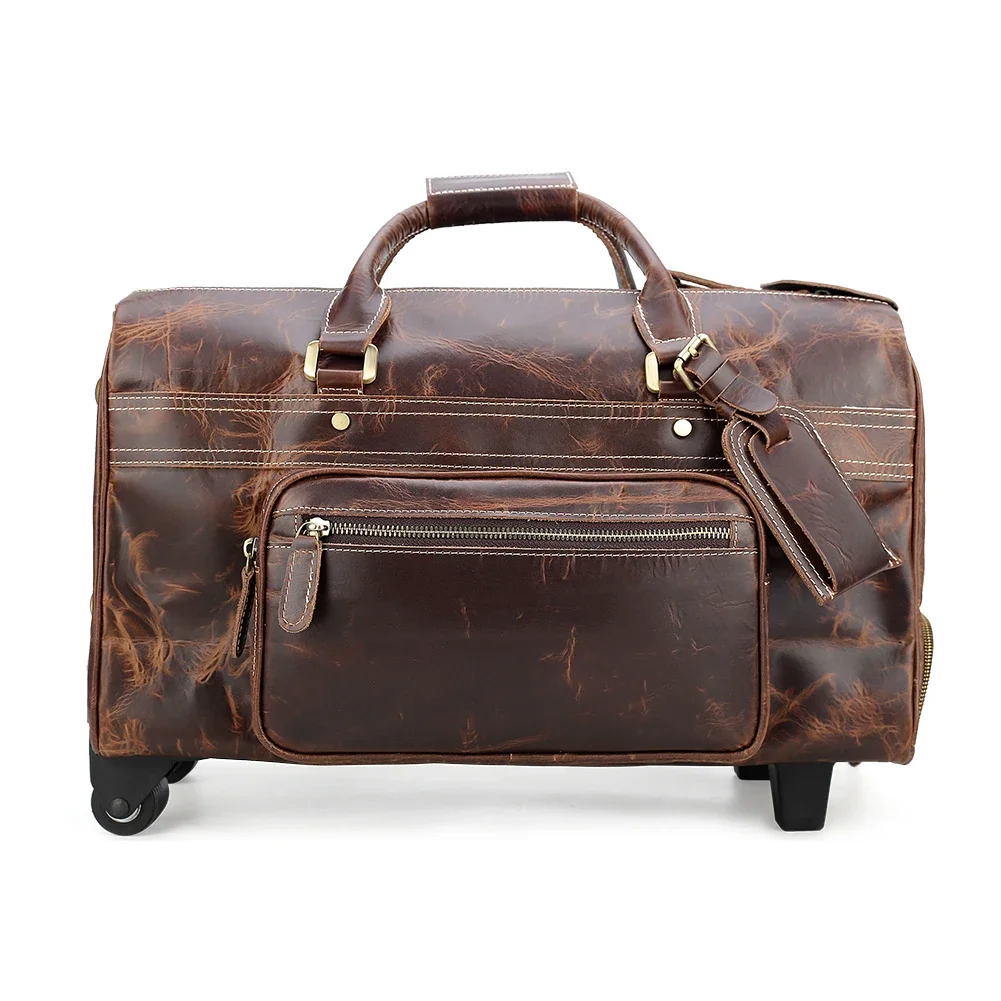 Vintage Design Durable Suitcase Real Leather Travel Luggage Bag Genuine Cow    With Wheels