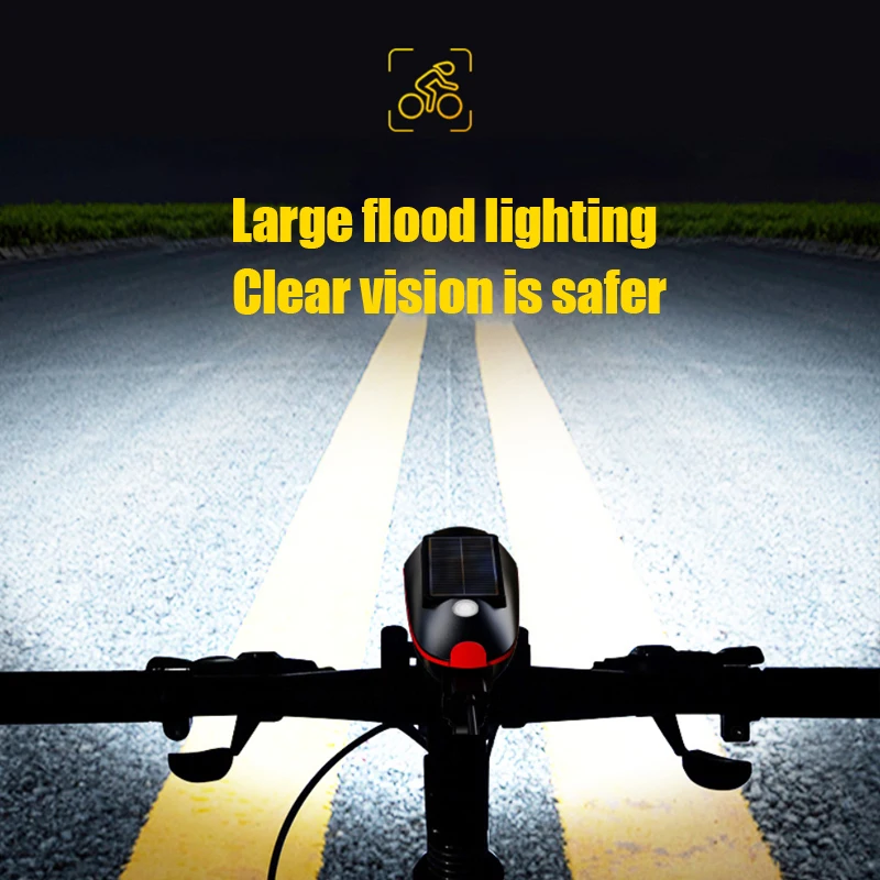 Solar Power Bike Light Waterproof Bicycle Headlight With 120 Decibel Horn High Brightness 80 Meters Visible Floodlight Range USB