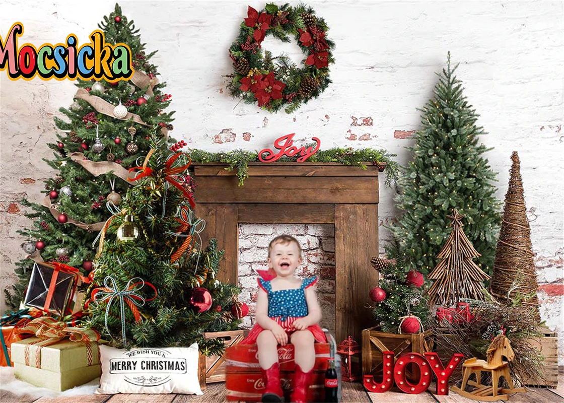 

Christmas Photography Background Decor Xmas Tree Brick Wall Flower Wreath Family Portraits Backdrop Custom Party Props Studio