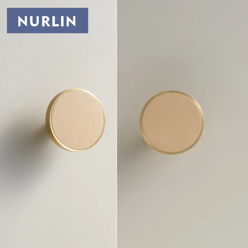 Nurlin Brass Cow Leather Furniture Handles Circle Long Shaped Wardrobe Luxurious Cabinet Knobs Door Pull Multiple Sizes