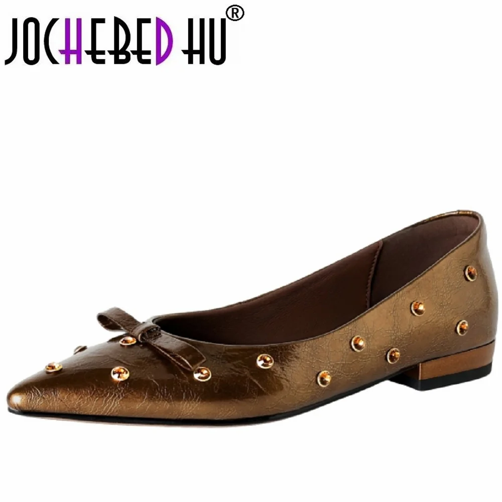 JOCHEBED HUHandmade Genuine Leather Soft comfortable Rhinestone Women's All-Match Single Shoes Style One-Step Closure 34-40
