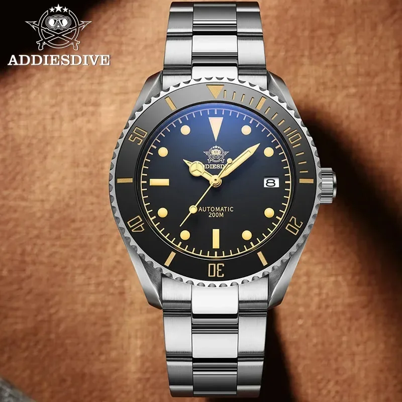 Addiesdive นาฬิกาออโตเมติกสำหรับผู้ชาย, AD2101แนวธุรกิจนาฬิกาหนังวินเทจยาว200เมตรนาฬิกากลไกสำหรับดำน้ำลึกหรูหราสายรัดข้อมือแซฟไฟร์ NH35หรู