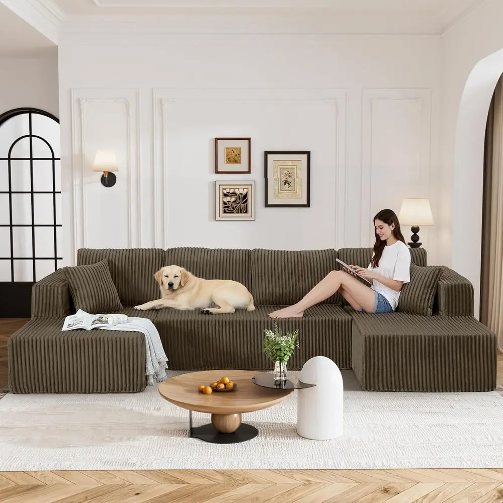 

Large Cloud-Shaped Chaise Sofa with Deep Seat, Corduroy Cover, Ready to Use - Brown