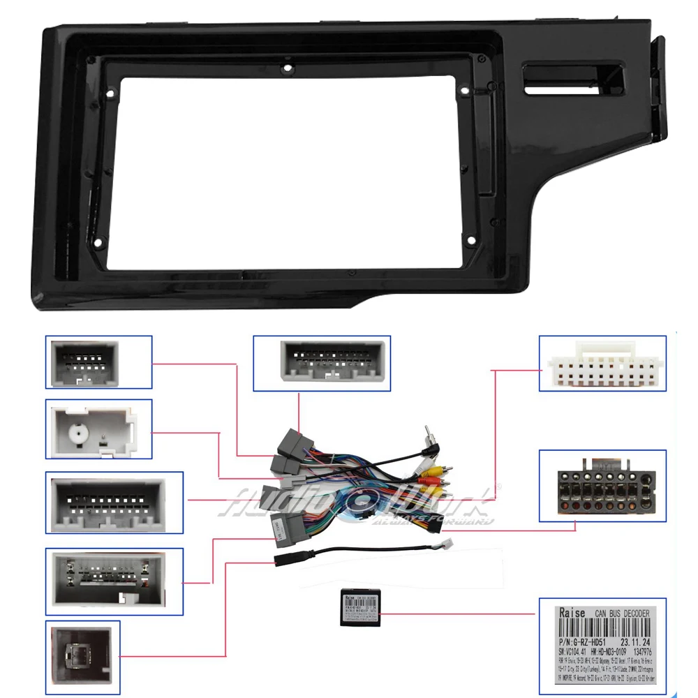 9/10 inch 2 Din For 2014-2019 Honda Fit JAZZ RHD UV BLACK Car Android frame Kit panel Center fascia cable video harness canbus