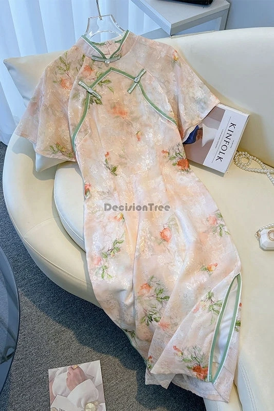 

Новинка 2025, китайское улучшенное платье Cheongsam в стиле ретро, розовое повседневное платье с короткими рукавами и цветочным принтом, женское летнее элегантное платье Ципао