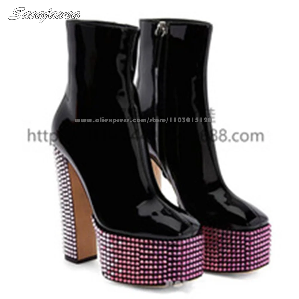 

Glossy Rhinestones Chunky Heel Side Zipper Modren Boots Round Toe Platform Size 35-43 Casual Shoes Square Toe Mid Calf Boots