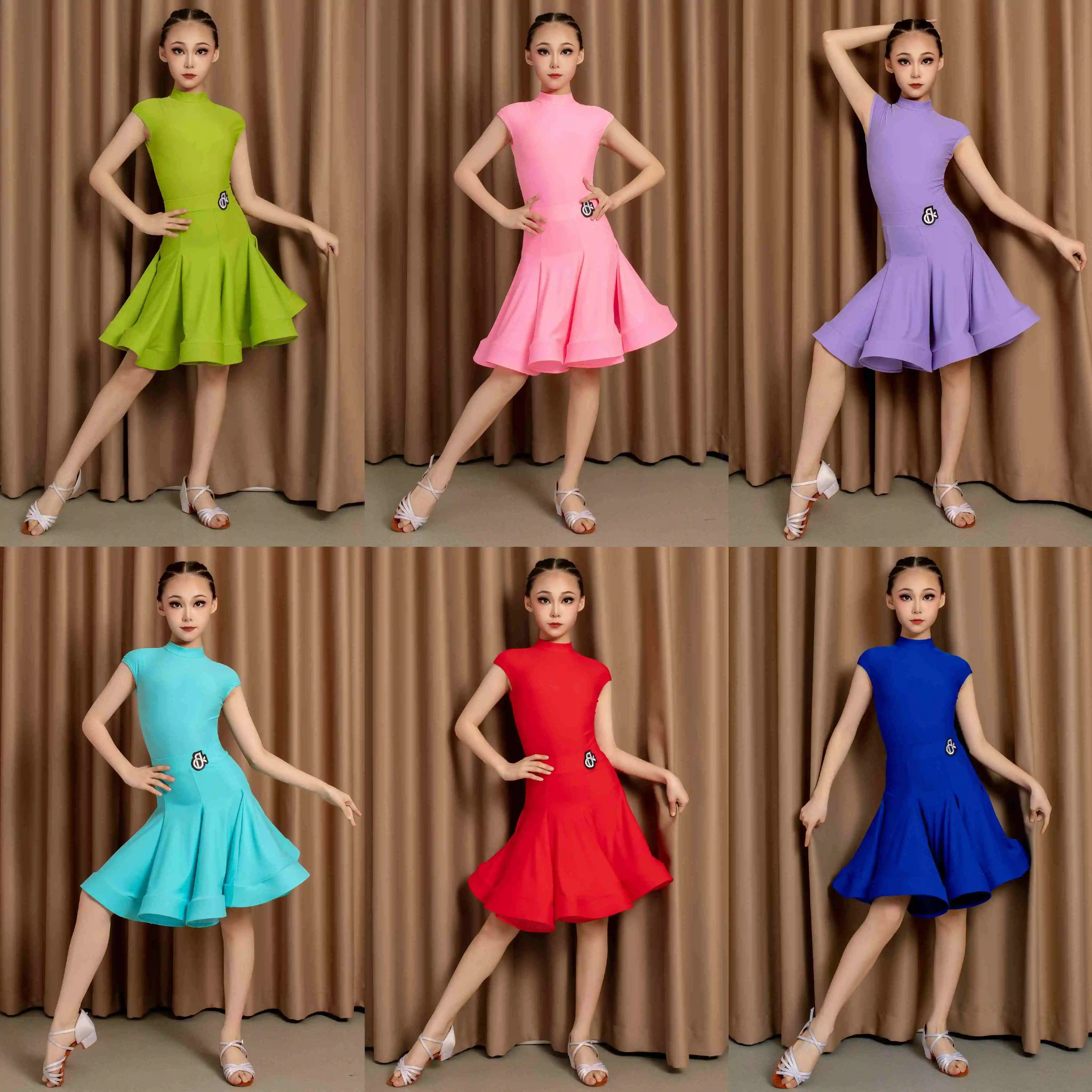 

6 Colors Kids Performance Latin Dance Costume Girls Latin Dance Professional Dress Short Sleeved Ballroom Dance Dresses SL12409